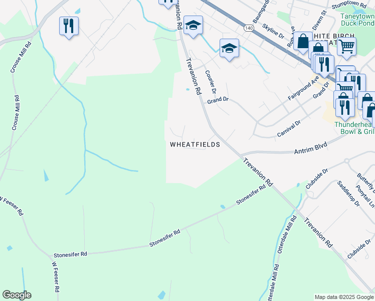 map of restaurants, bars, coffee shops, grocery stores, and more near 11 Starboard Drive in Taneytown