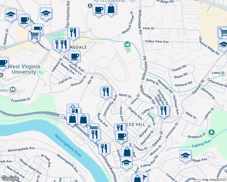 map of restaurants, bars, coffee shops, grocery stores, and more near 2625 University Avenue in Morgantown