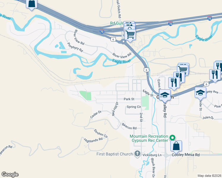 map of restaurants, bars, coffee shops, grocery stores, and more near 207 Eagle Street in Gypsum