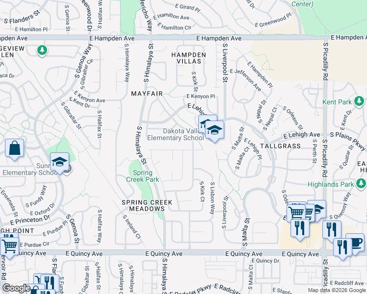 map of restaurants, bars, coffee shops, grocery stores, and more near 20653 East Mansfield Avenue in Aurora