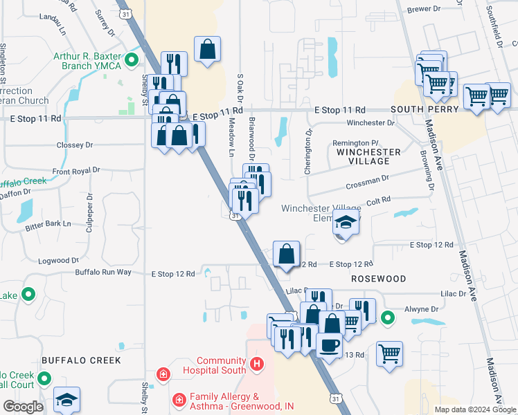map of restaurants, bars, coffee shops, grocery stores, and more near 8265 U.S. 31 in Indianapolis