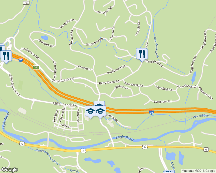 map of restaurants, bars, coffee shops, grocery stores, and more near 1010 Berry Creek Rd in Edwards