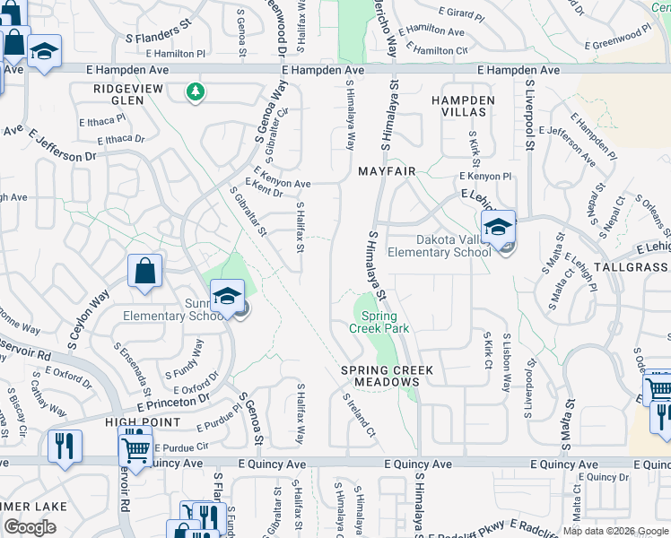 map of restaurants, bars, coffee shops, grocery stores, and more near 3942 South Himalaya Way in Aurora