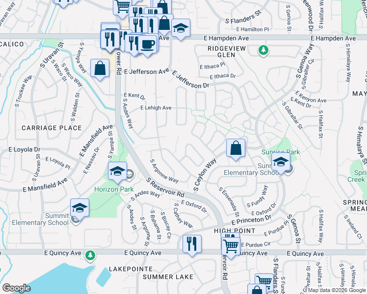 map of restaurants, bars, coffee shops, grocery stores, and more near 3898 South Biscay Street in Aurora