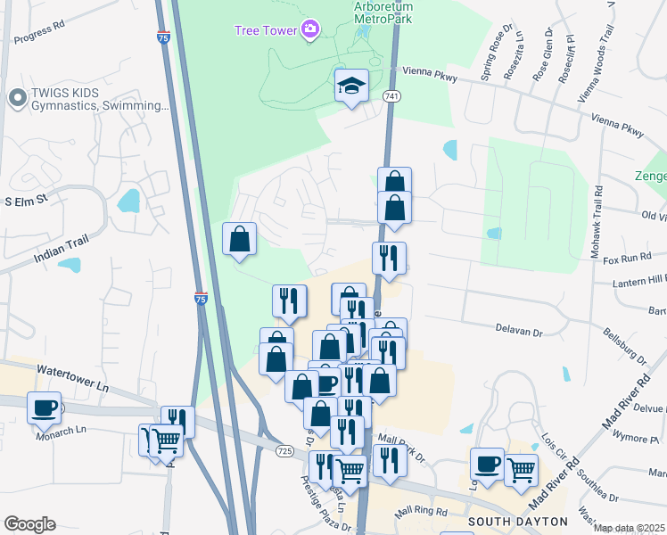 map of restaurants, bars, coffee shops, grocery stores, and more near 3139 Cloister Lane in Dayton