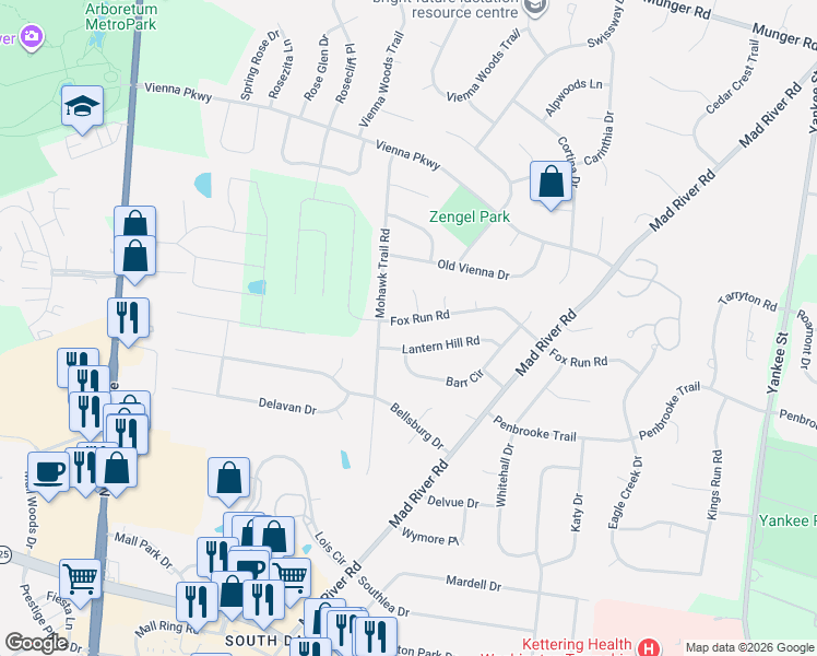 map of restaurants, bars, coffee shops, grocery stores, and more near 2355 Lantern Hill Road in Dayton