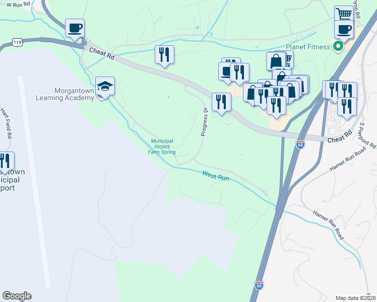 map of restaurants, bars, coffee shops, grocery stores, and more near 347 Easton Mill Road in Morgantown