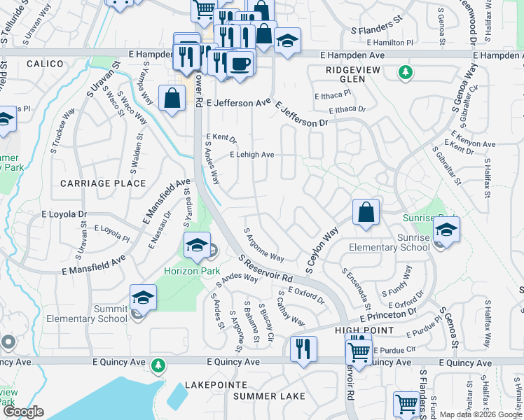 map of restaurants, bars, coffee shops, grocery stores, and more near 18805 East Napa Drive in Aurora