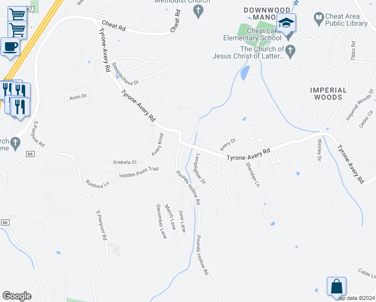 map of restaurants, bars, coffee shops, grocery stores, and more near 3 Turtle Creek Drive in Morgantown