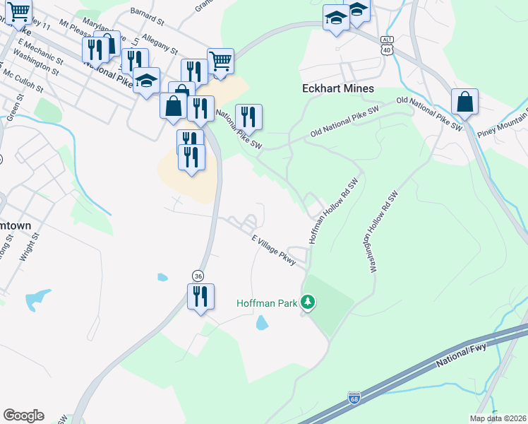 map of restaurants, bars, coffee shops, grocery stores, and more near 100 Honeysuckle Lne in Frostburg