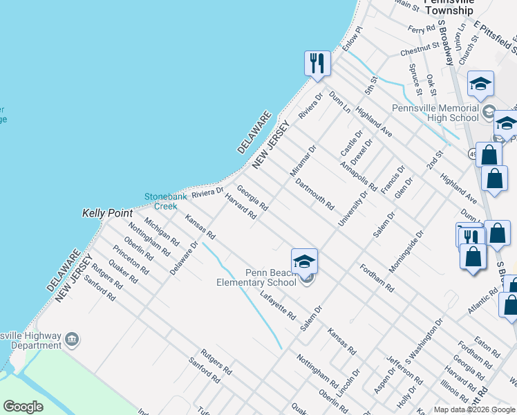 map of restaurants, bars, coffee shops, grocery stores, and more near 135 Harvard Road in Pennsville