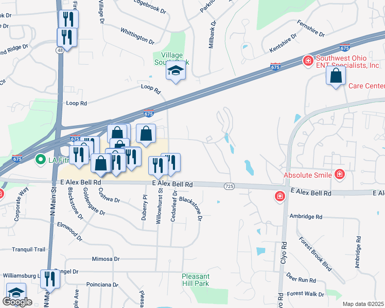 map of restaurants, bars, coffee shops, grocery stores, and more near 595 East Alex Bell Road in Centerville