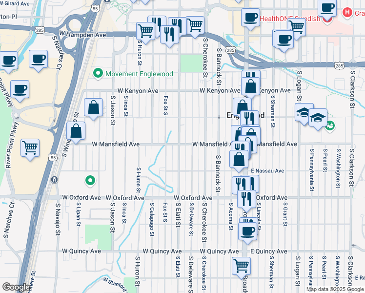 map of restaurants, bars, coffee shops, grocery stores, and more near 3945 South Elati Street in Englewood