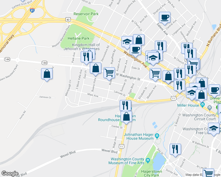 map of restaurants, bars, coffee shops, grocery stores, and more near 128 Ross Street in Hagerstown