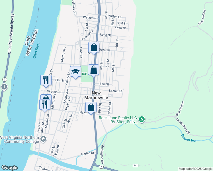 map of restaurants, bars, coffee shops, grocery stores, and more near 361 Locust Street in New Martinsville