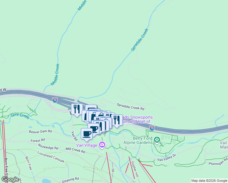 map of restaurants, bars, coffee shops, grocery stores, and more near 1085 Riva Glen in Vail