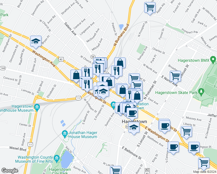 map of restaurants, bars, coffee shops, grocery stores, and more near 220 West Franklin Street in Hagerstown