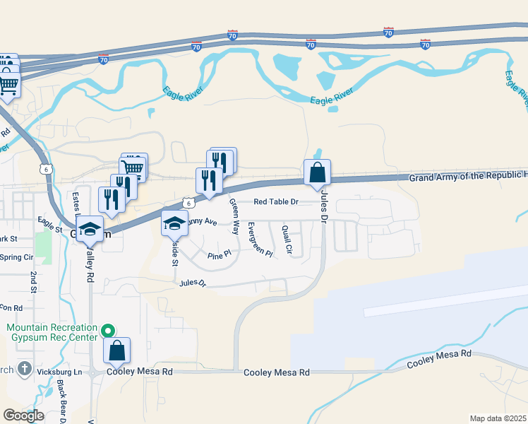 map of restaurants, bars, coffee shops, grocery stores, and more near 625 Red Table Drive in Gypsum