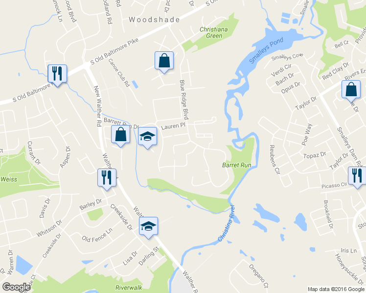 map of restaurants, bars, coffee shops, grocery stores, and more near 212 Barrett Run Place in Newark