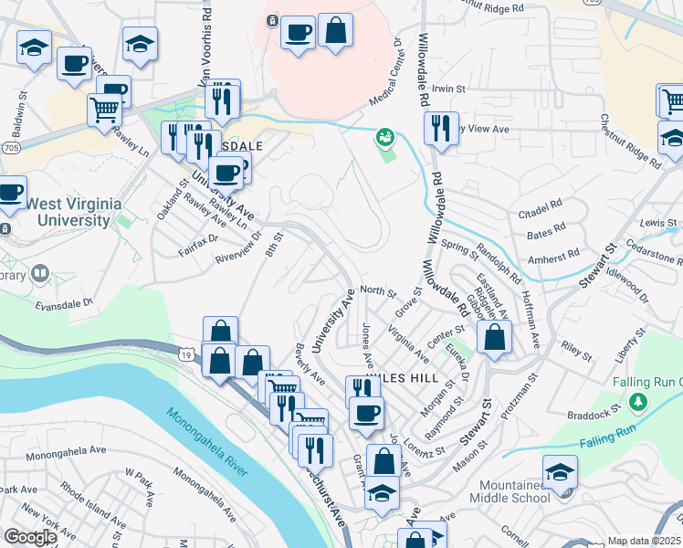 map of restaurants, bars, coffee shops, grocery stores, and more near 2621 University Avenue in Morgantown