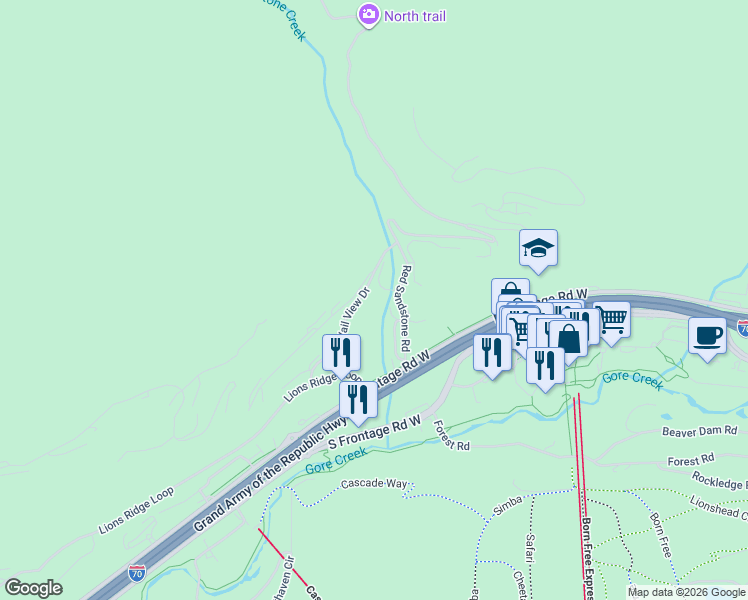 map of restaurants, bars, coffee shops, grocery stores, and more near Sandstone Cr Club in Vail