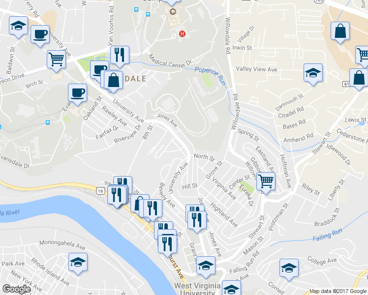 map of restaurants, bars, coffee shops, grocery stores, and more near 2623 University Avenue in Morgantown