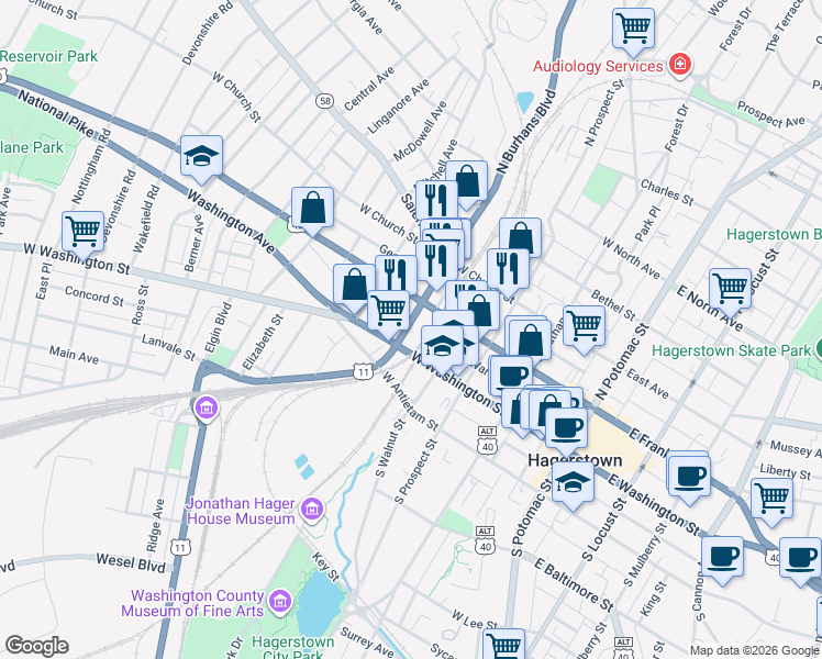 map of restaurants, bars, coffee shops, grocery stores, and more near 50 North Burhans Boulevard in Hagerstown