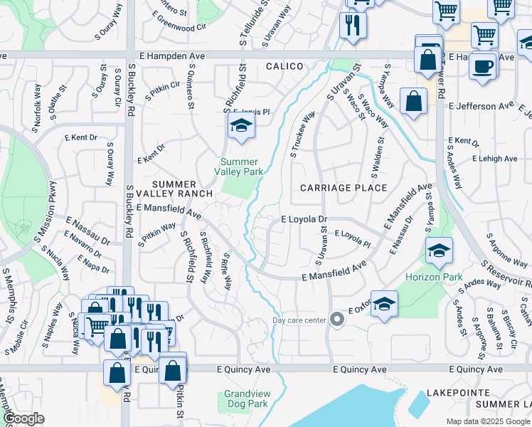 map of restaurants, bars, coffee shops, grocery stores, and more near 17674 East Loyola Drive in Aurora