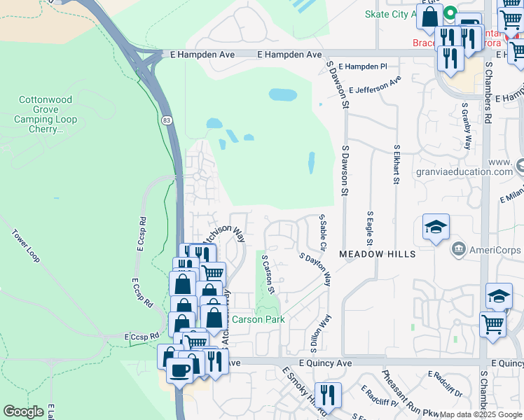 map of restaurants, bars, coffee shops, grocery stores, and more near 4018 South Atchison Way in Aurora