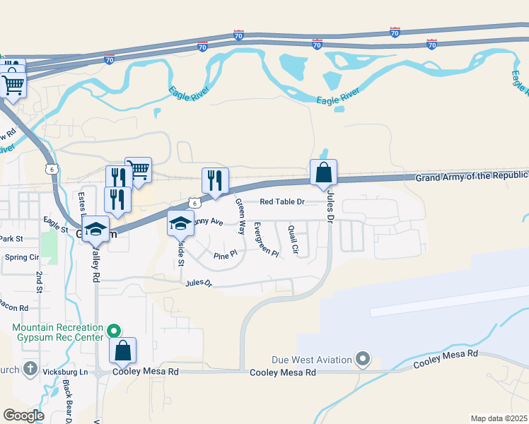 map of restaurants, bars, coffee shops, grocery stores, and more near 101 Evergreen Place in Gypsum