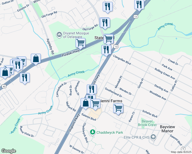 map of restaurants, bars, coffee shops, grocery stores, and more near 500 South Dupont Highway in New Castle