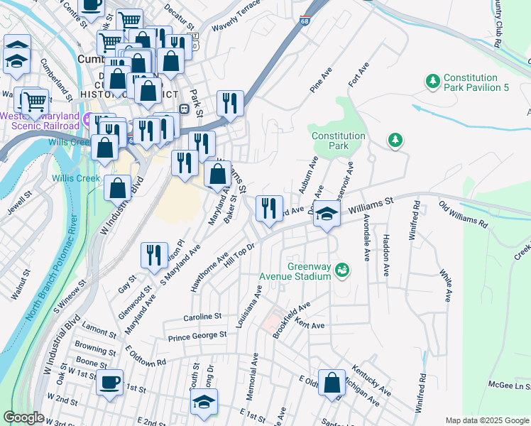 map of restaurants, bars, coffee shops, grocery stores, and more near 432 Williams Street in Cumberland