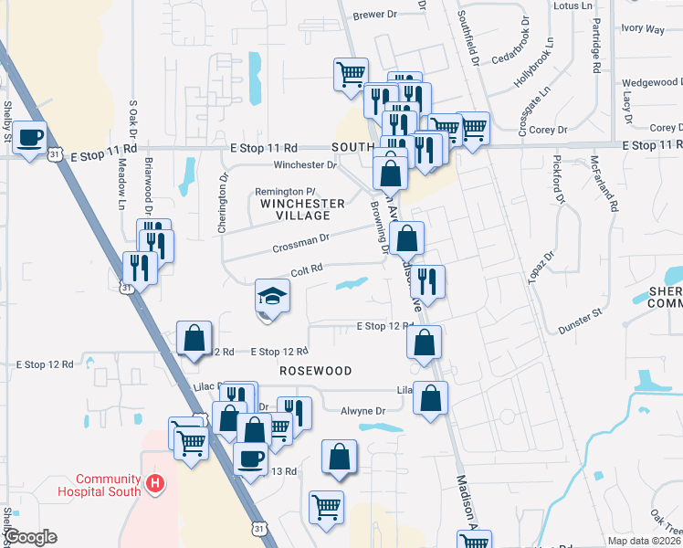 map of restaurants, bars, coffee shops, grocery stores, and more near 8351 Oak Park Drive in Indianapolis