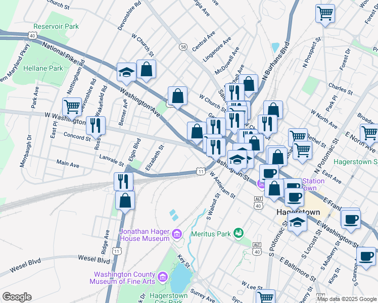 map of restaurants, bars, coffee shops, grocery stores, and more near 453 West Antietam Street in Hagerstown