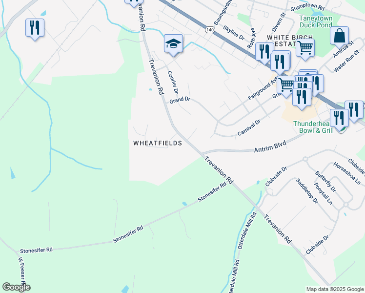 map of restaurants, bars, coffee shops, grocery stores, and more near 120 Trevanion Road in Taneytown