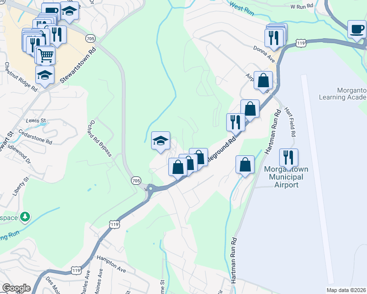 map of restaurants, bars, coffee shops, grocery stores, and more near Scumaci Lane in Morgantown