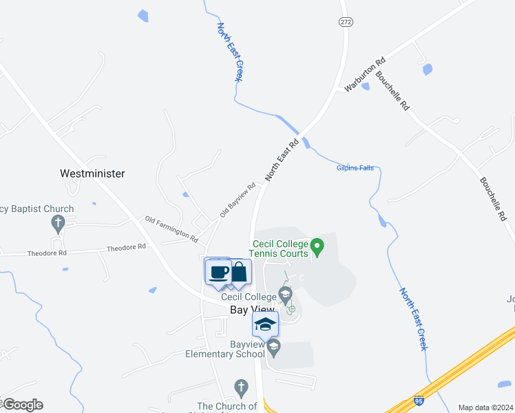 map of restaurants, bars, coffee shops, grocery stores, and more near 388 Old Bayview Road in North East