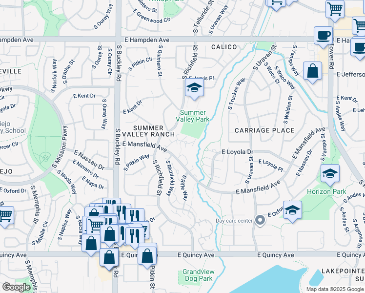map of restaurants, bars, coffee shops, grocery stores, and more near in Aurora