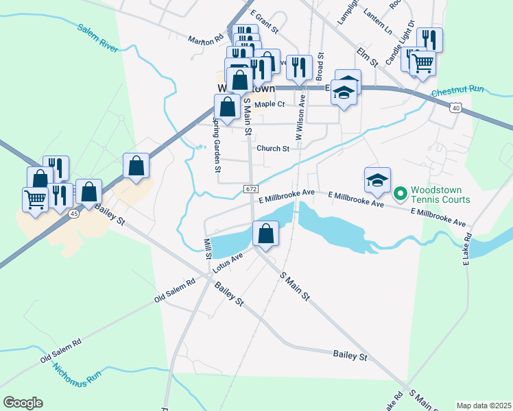 map of restaurants, bars, coffee shops, grocery stores, and more near 215 South Main Street in Woodstown