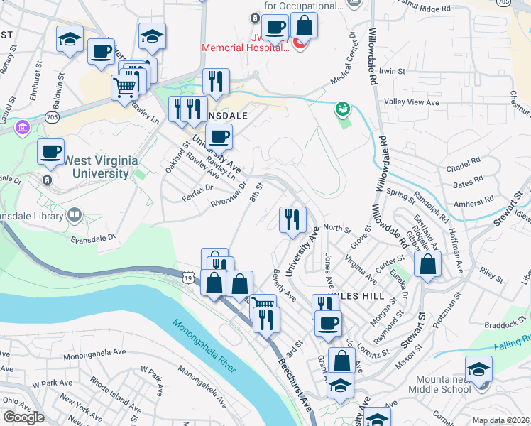 map of restaurants, bars, coffee shops, grocery stores, and more near 365 Gilmore Street in Morgantown