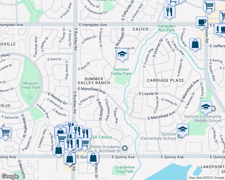 map of restaurants, bars, coffee shops, grocery stores, and more near in Aurora