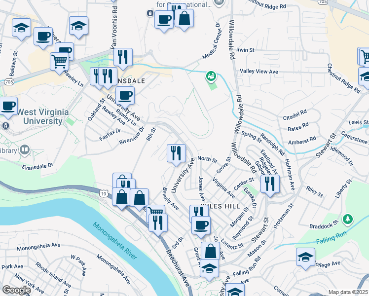 map of restaurants, bars, coffee shops, grocery stores, and more near 2700 University Avenue in Morgantown