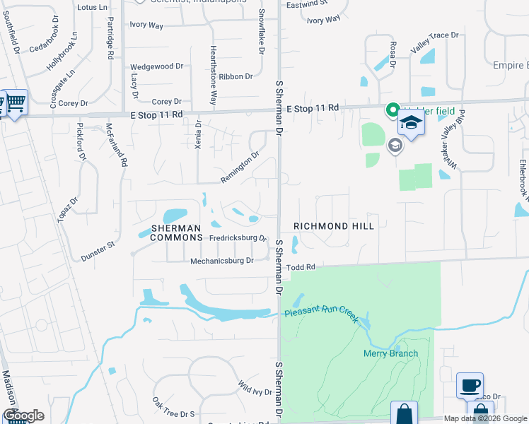 map of restaurants, bars, coffee shops, grocery stores, and more near 8240 Fairgrove Court in Indianapolis