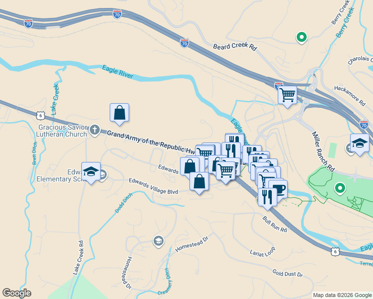 map of restaurants, bars, coffee shops, grocery stores, and more near 33975 U.S. 6 in Edwards
