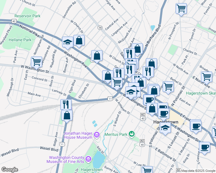 map of restaurants, bars, coffee shops, grocery stores, and more near 447 West Washington Street in Hagerstown