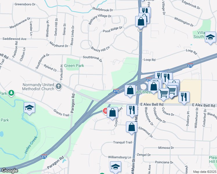 map of restaurants, bars, coffee shops, grocery stores, and more near 6800 Paragon Road in Dayton