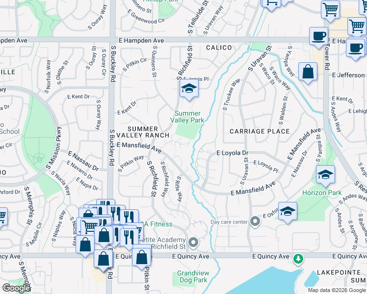 map of restaurants, bars, coffee shops, grocery stores, and more near 17361 East Mansfield Avenue in Aurora