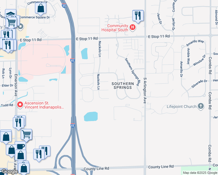 map of restaurants, bars, coffee shops, grocery stores, and more near 5658 Buck Pond Court in Indianapolis