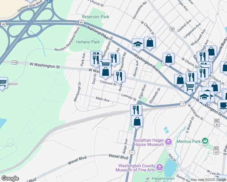 map of restaurants, bars, coffee shops, grocery stores, and more near 922 Lanvale Street in Hagerstown
