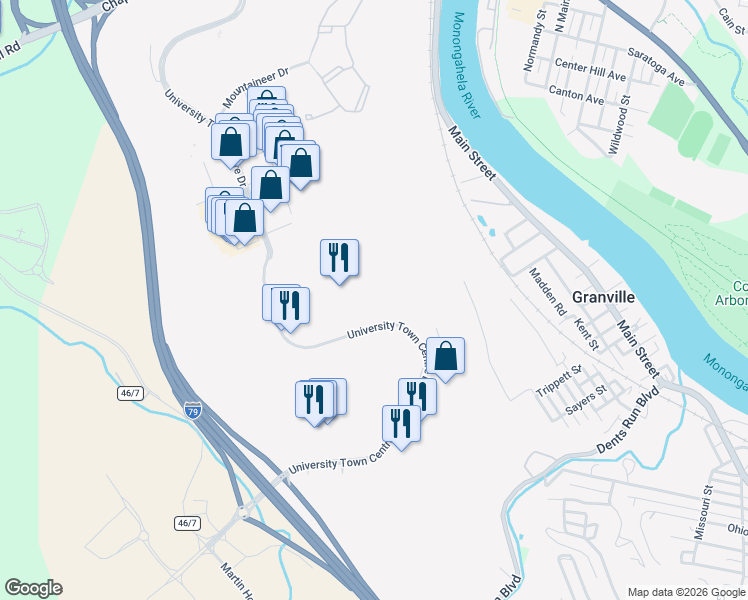 map of restaurants, bars, coffee shops, grocery stores, and more near 6003 University Town Centre Drive in Morgantown